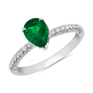 Pear Shaped Emerald and Diamond Ring in 14k White Gold